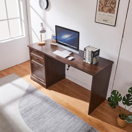 60" Professional Office Desk with Charging Station,Business Desk with 2 Drawers &1 File Cabinet,Farmhouse Executive Desk for Office and Home (Dark Walnut) - color: Dark Walnut