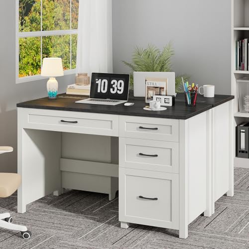 Vabches Farmhouse 47" Computer Desk with 4 Drawers, Black | Executive Desk with File Drawer and Charging Station, Workstation for Home Office, Study - color: Black With Charging Station