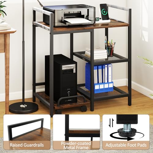 Giantex 3-Tier Printer Stand with Charging Station, 2 Open Storage Shelves, Side PC Stand on Wheels, 25" x 16" Mobile Printer Table for Computer Tower, Printer Shredder, Fax, Under Desk, Home Office - color: Rustic Brown & Black