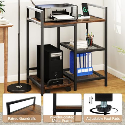 Giantex 3-Tier Printer Stand with Charging Station, 2 Open Storage Shelves, Side PC Stand on Wheels, 25" x 16" Mobile Printer Table for Computer Tower, Printer Shredder, Fax, Under Desk, Home Office - color: Rustic Brown & Black
