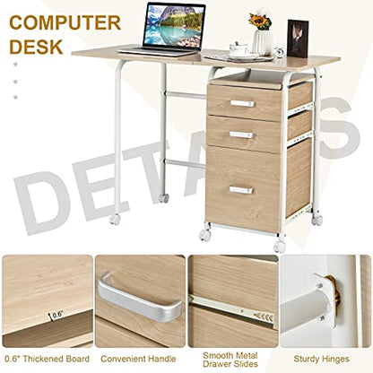 Tangkula Folding Computer Desk with 3 Storage Drawers, Mobile Home Office Desk Study Writing Desk with Smooth Wheels, Space Saving Compact Desk for Dorm Apartment, Rolling Folding Desk Table - color: Natural
