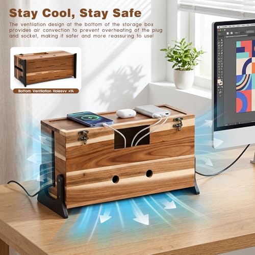 Extra Large Cable Management Box, 14.2-Inch Acacia Wood Cord Hider Box with Dual Locks and Magnetic Lid, Power Strip Cover and Cable Organizer for Desk, Floor, TV Wires and Home Office