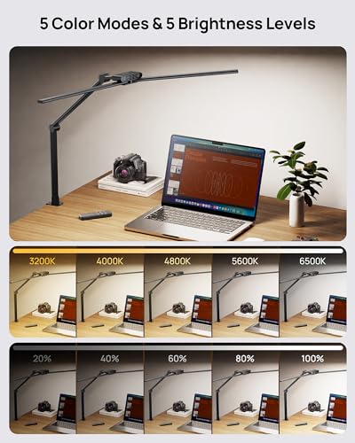 TROND LED Desk Lamp with Clamp, 29.55'' Tall Desk Light with Remote, Black | 1500LM Bright Table Lamp, Swing Arm Clip on Light, Eye-Caring, Touch Control Dimmable for Home Office Monitor Reading - color: Black