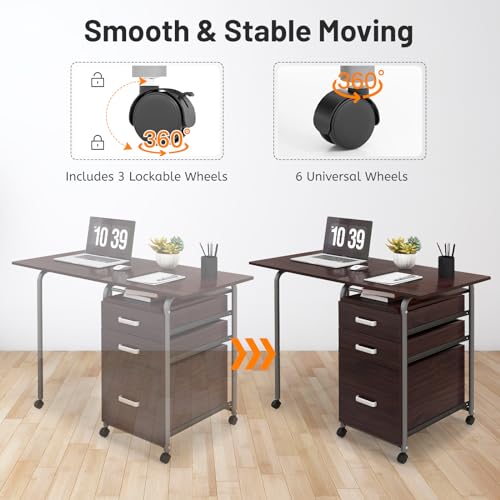 GIANTEX Folding Desk for Small Space, Rolling Home Office Desk with 3 Drawers & Lockable Universal Wheels, Mobile Study Writing Desk for Dorm Apartment Bedroom, Brown - color: Brown