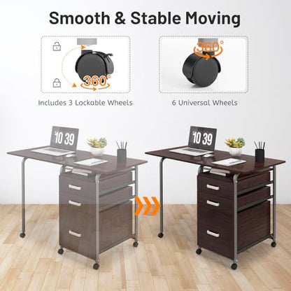GIANTEX Folding Desk for Small Space, Rolling Home Office Desk with 3 Drawers & Lockable Universal Wheels, Mobile Study Writing Desk for Dorm Apartment Bedroom, Brown - color: Brown