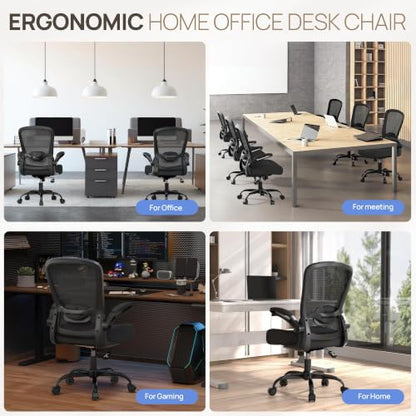 Ergonomic Office Chair w/Adjustable Lumbar, Flip Armrest, 135° Recline - color: Black-black Frame