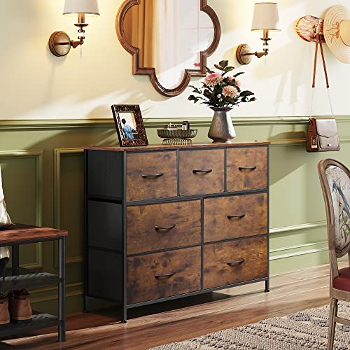 WLIVE 7 Drawer Dresser TV Stand, Entertainment Center, Media Console Table with Metal Frame and Wood Top for TV up to 45 inch, Chest of Drawers for Bedroom, Living Room, Rustic Brown Wood Grain Print - color: Rustic Brown Wood Grain Print