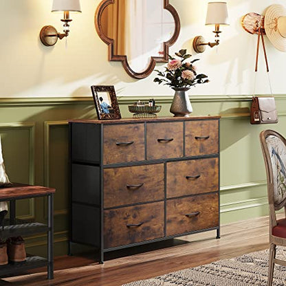 WLIVE 7 Drawer Dresser TV Stand, Entertainment Center, Media Console Table with Metal Frame and Wood Top for TV up to 45 inch, Chest of Drawers for Bedroom, Living Room, Rustic Brown Wood Grain Print - color: Rustic Brown Wood Grain Print