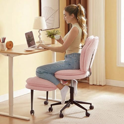 ADHD Cross Legged Office Chair, Swivel Kneeling Meditation Seat | 360° swivel cross-legged chair with reversible seat for ADHD & meditation; adjustable height/depth, plush teddy - color: Pink