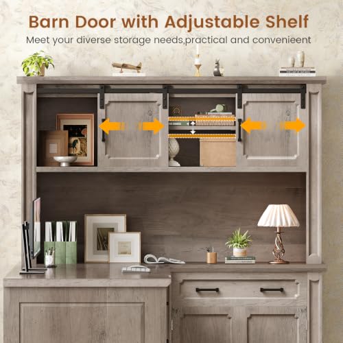 SEDETA 67" Farmhouse Executive L Shaped Desk with Hutch & Storage - color: Grey, size: 67" L Shaped Desk with Hutch