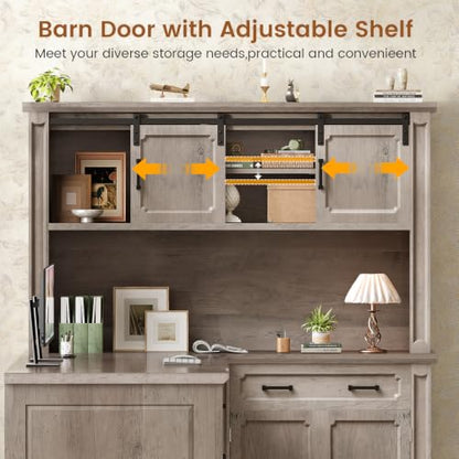 SEDETA 67" Farmhouse Executive L Shaped Desk with Hutch & Storage - color: Grey, size: 67" L Shaped Desk with Hutch