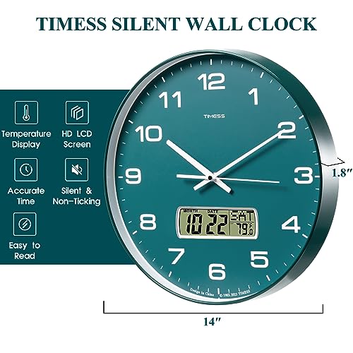 Wall Clock, 14" Large Dial Non-Ticking Silent Battery Operated Analog with LCD Display for Perpetual Calendar and F° Temperature, Ideal Modern Home, Bedroom, Kitchen, Office Decor(Green) | Perpetual calendar, Fahrenheit temperature, easy-to-read analog di