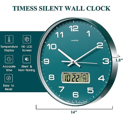 Wall Clock, 14" Large Dial Non-Ticking Silent Battery Operated Analog with LCD Display for Perpetual Calendar and F° Temperature, Ideal Modern Home, Bedroom, Kitchen, Office Decor(Green) | Perpetual calendar, Fahrenheit temperature, easy-to-read analog di