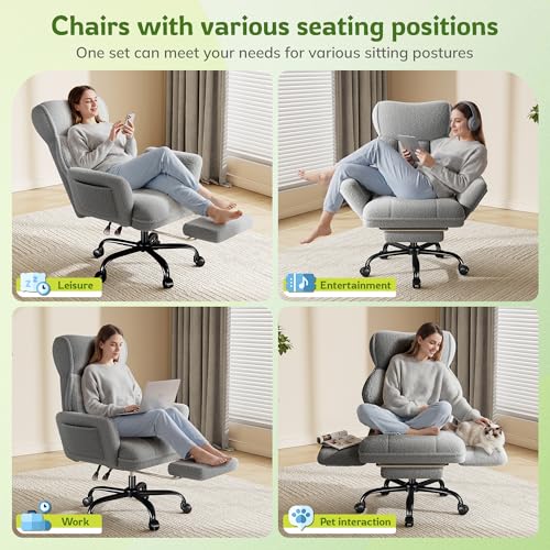 DurayLoly Big and Tall Office Chair with Footrest & Adjustable Armrests | 145° Reclining Backrest, Soft Teddy Fleece, Height Adjustable & 360° Swivel for Home Office, Bedroom - Grey - color: Grey