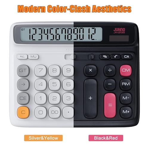 12-Digit Desktop Calculator, Dual Power (Solar & Battery), 7.7inch | Modern Color-Clash Aesthetic Design, Ergonomic Tilted Large LCD Display for Office, School and Accounting (Silver) - color: Silver