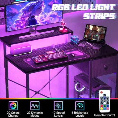 X-cosrack 33.5" Small Gaming Desk with LED Lights & Power Outlets, Drawers - color: Carbon Fiber Black, size: 33.5" with Monitor Stand