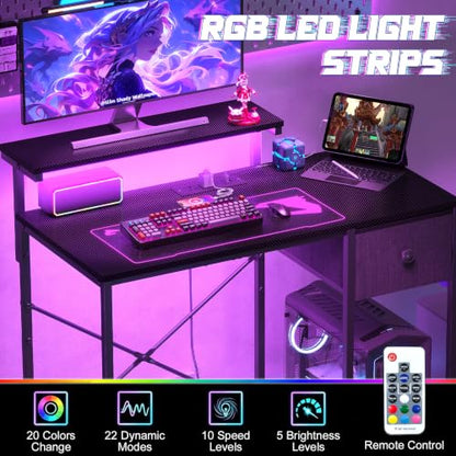 X-cosrack 33.5" Small Gaming Desk with LED Lights & Power Outlets, Drawers - color: Carbon Fiber Black, size: 33.5" with Monitor Stand