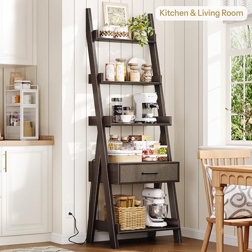 Ladder Shelf, 5 Tier Bookshelf with Fabric Drawer, Power Outlets, Espresso | 70" Industrial Leaning Bookshelf with USB Fast Charging, Wooden Book Shelf for Bedroom Living Room Home Office, Space Saving