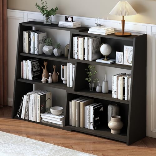 IOTXY Wooden Extendable Shelf Bookcase, 3-Tier Low Bookshelf, Black, L | Adjustable Two-piece Design, 6 Open Cubbies, Extends 31.5"-59.1" for Straight Walls, Corners, and Small Spaces - color: Black, size: Large
