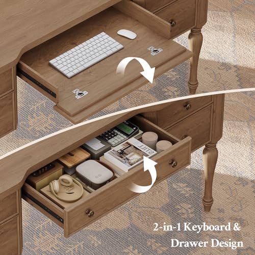 59in Wood Executive Desk with Solid Wood Legs & Keyboard Tray, Brown - color: Brown-1, size: Solid Wood Legs
