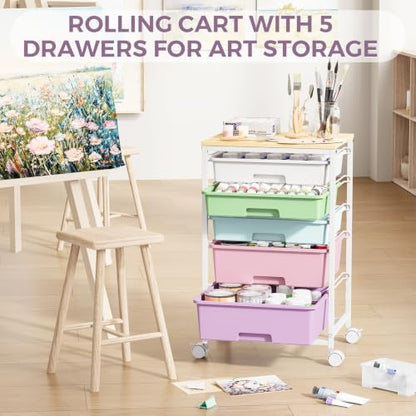 SYKIARIOL 5-Tier Rolling Cart with Drawers with Wooden Top, Ice Cream - color: Ice Cream