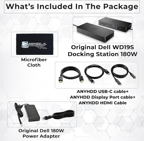 Dell WD19S Docking Station Dual Monitor Bundle - 180W, Supports 4K Display, Dell Dock with 180W Power Supply + 4K HDMI Cable + 4K DisplayPort Cable + USB-C Cable + Microfiber Cloth Included - style: WD19S 180W