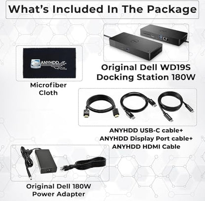 Dell WD19S Docking Station Dual Monitor Bundle - 180W, Supports 4K Display, Dell Dock with 180W Power Supply + 4K HDMI Cable + 4K DisplayPort Cable + USB-C Cable + Microfiber Cloth Included - style: WD19S 180W