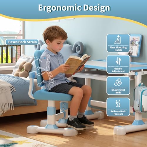 Kids Adjustable Desk and Chair Set 3-12, Children School Study Desk-11BLUE | Height Adjustable | 50° Tilt Desktop | Book Stand & Metal Hook & Storage Drawer | Writing Drawing Table for Boys and Girls - color: 110-blue-27.5in