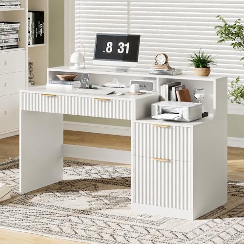 Vabches Fluted Computer Desk with Drawers, Home Office Desk with Power Outlets, Printer Stand and Storage Cabinet, Study Writing Desks with Long Monitor Stand, White - color: White