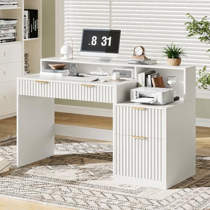 Vabches Fluted Computer Desk with Drawers, Home Office Desk with Power Outlets, Printer Stand and Storage Cabinet, Study Writing Desks with Long Monitor Stand, White - color: White