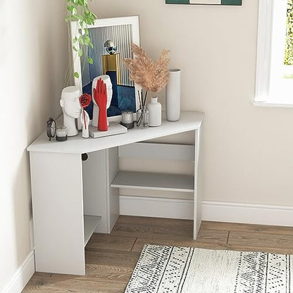 HOMGX Corner Computer Desk, Triangle Desk with Storage Shelves, Small Corner Desk for Small Spaces, Corner Vanity Desk for Home, Bedroom, Living Room, Office (White)