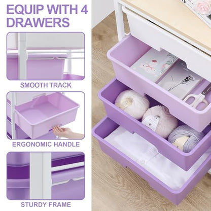 Utility Cart with 4 Drawers, Rolling Storage Cart with Drawers, Purple - color: Purple, size: 4 Drawers
