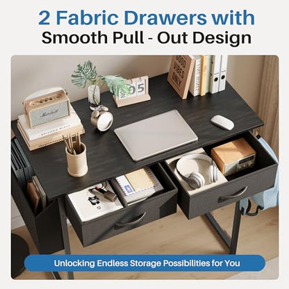 OLIXIS Small Desk with Fabric Drawers for Home Office, 32 Inch Gaming Computer Desk with Side Bag, Headphone Hook Writing Study Work Table for Bedroom Small Sapce, Chic Black