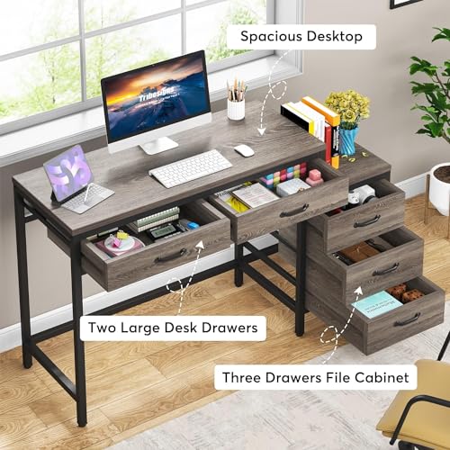 Tribesigns Computer Desk with 5 Drawers, Reversible Home Office Desks - color: Grey
