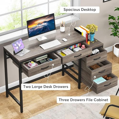 Tribesigns Computer Desk with 5 Drawers, Reversible Home Office Desks - color: Grey