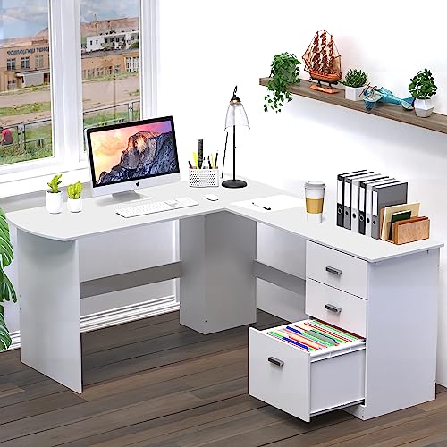 SHW L-Shaped Home Office Wood Corner Desk w/Box Box File Drawers, White - color: White