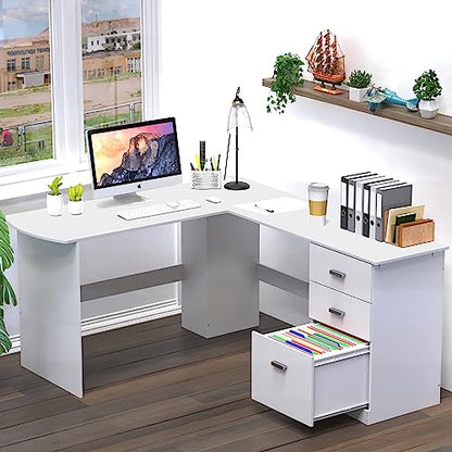 SHW L-Shaped Home Office Wood Corner Desk w/Box Box File Drawers, White - color: White