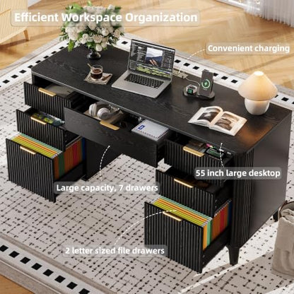 55.1" Fluted Executive Desk with Drawers, Wood Computer Desk with Storage Cabinet, Home Office Desk with Charging Station, Farmhouse Desk with File Cabinet for Office Home - color: Black With 4 Legs