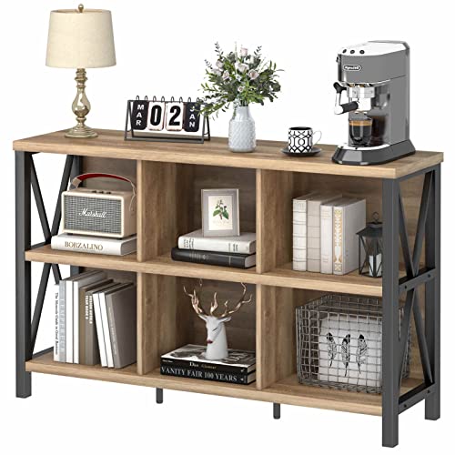 FATORRI 6 Cube Storage Organizer Book Shelf, 47 Inch Horizontal Bookshelf, Wood and Metal Cube Bookcase for Living Room, Home Office (Rustic Oak) - color: Rustic Oak, size: Without Drawer