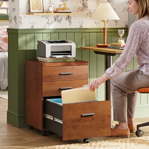 DEVAISE 3 Drawer File Cabinet for Home Office, Wood Under Desk Filing Cabinet, Rolling Printer Stand with Wheels, Walnut - color: Walnut, size: 15.7"D x 18.1"W x 25.6"H