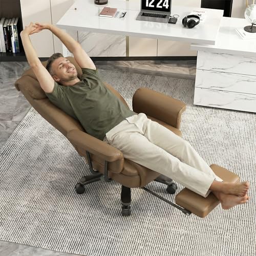 GYI 160 Reclining Office Chair with Footrest, Big & Tall Desk Chair, Brown | Cross Legged Seat, High Back, Faux Leather, Heavy Duty Base, Adjustable Height, for Home, Executive - color: Brown
