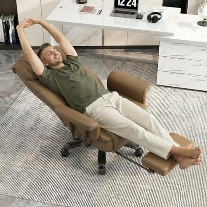 GYI 160 Reclining Office Chair with Footrest, Big & Tall Desk Chair, Brown | Cross Legged Seat, High Back, Faux Leather, Heavy Duty Base, Adjustable Height, for Home, Executive - color: Brown