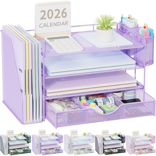 gianotter Desk Organizers and Accessories with File Holder, 4-Tier Desk Accessories & Workspace Organizers with Drawer and 2 Pen Holder, Paper Organizer for Office Supplies (Purple) - color: Light Purple, size: 4T