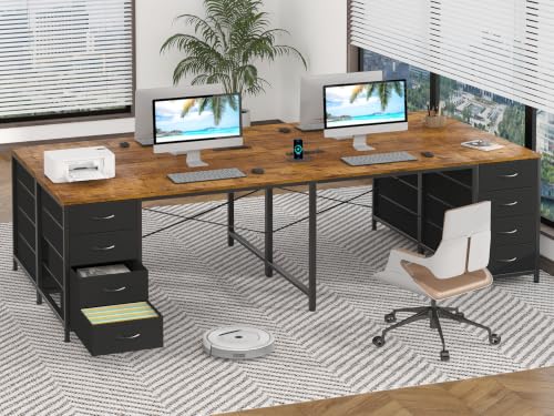 95" 2 Person Desk with 8 Fabric Drawers for Home Office, Living Room - color: Rustic Brown, size: 18.9"D x 94.5"W x 29.3"H