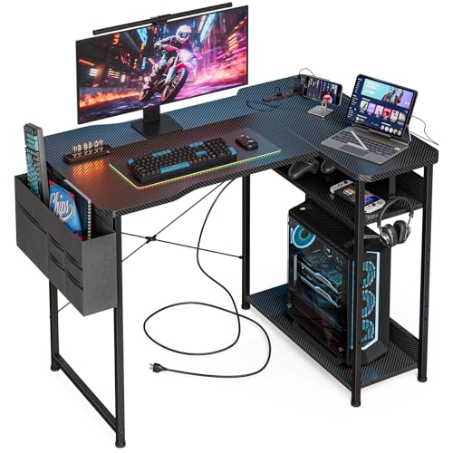 Acrolix L Shaped Gaming Desk 40 Inch - Computer Corner Desk with Power Outlets, Reversible Shelves & Storage Bag for Home Office, PC Gaming Table, Black Carbon - color: Black Carbon, size: 40inch-L shaped
