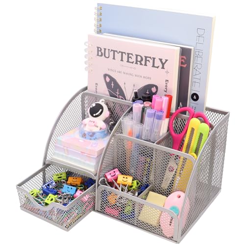 Boutilon Mesh Desk Organizer Desktop Office Supplies Stationary Organizer with 6 Compartments and 1 Drawer Multi-Functional Caddy Pen Holder for Home Office School Desk Decor(Silver) - color: Silver
