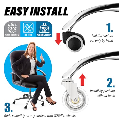WEWILL Office Chair Wheels - Rubber Casters Replacement Universal Fit 98% Chair(Set of 5) Heavy Duty 3 Inch Smoothly & Quietly Safe for All Floor, Hardwood, Tile, Carpet, Noise Free - White - color: White
