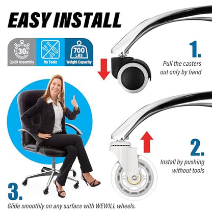 WEWILL Office Chair Wheels - Rubber Casters Replacement Universal Fit 98% Chair(Set of 5) Heavy Duty 3 Inch Smoothly & Quietly Safe for All Floor, Hardwood, Tile, Carpet, Noise Free - White - color: White