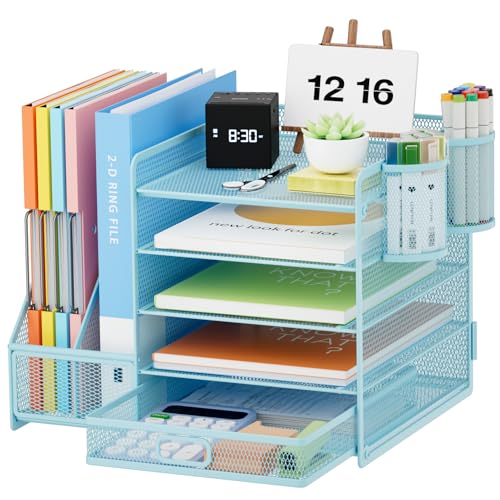 Marbrasse Desk Organizer with File Holder, 5-Tier Paper Letter Tray Organizer with Drawer and 2 Pen Holder, Mesh Desktop Organizer and Storage with Magazine Holder for Office Supplies(Blue) - color: Blue