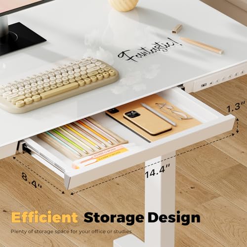 32" Glass Standing Desk with Drawer, Small Electric Desk - color: White Glass-top, size: 32"